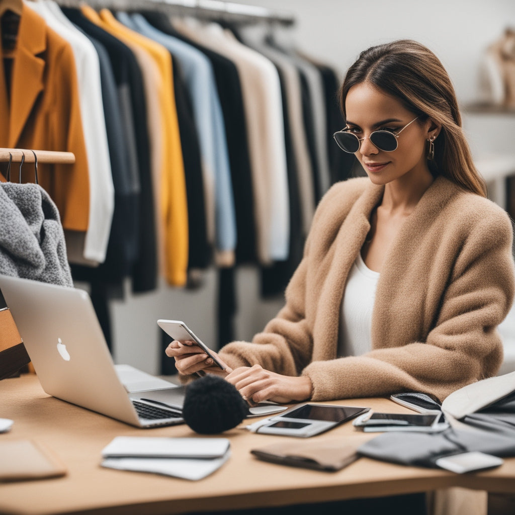 A UK fashion entrepreneur comparing online marketplaces like Depop, Vinted, and eBay on a laptop, with clothing racks in the background.