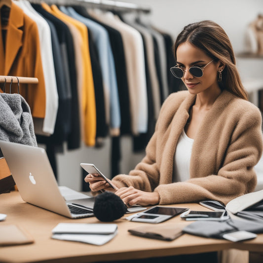 A UK fashion entrepreneur comparing online marketplaces like Depop, Vinted, and eBay on a laptop, with clothing racks in the background.